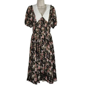 En Saison Black Floral Collar Smocked Dress Cottage Women Size M Short Sleeve
